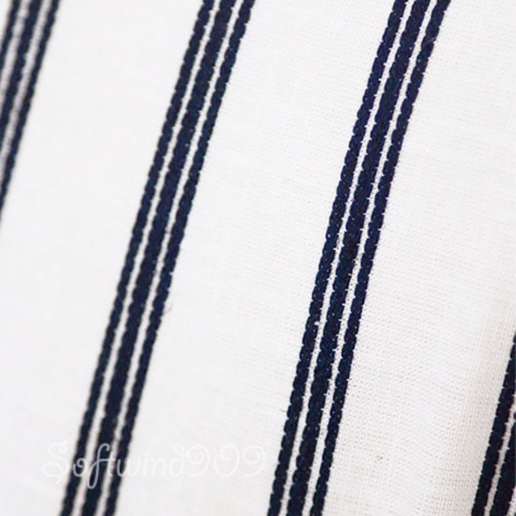 Cream Navy Blue Vertical Stripe Linen Cotton Dress - Picture 5 of 8